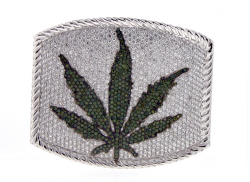 High Prices: Lucien Pellat-Finet is serving up white-gold and diamond custom pot-leaf-emblazoned belt buckles at $56,000.
